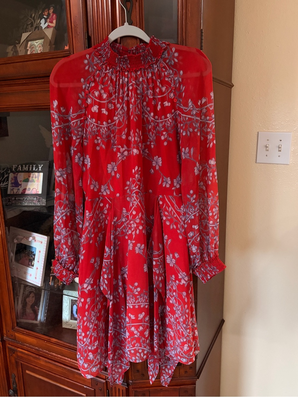 BCBGMaxAzria Red Floral Smocked Neck Mini Dress